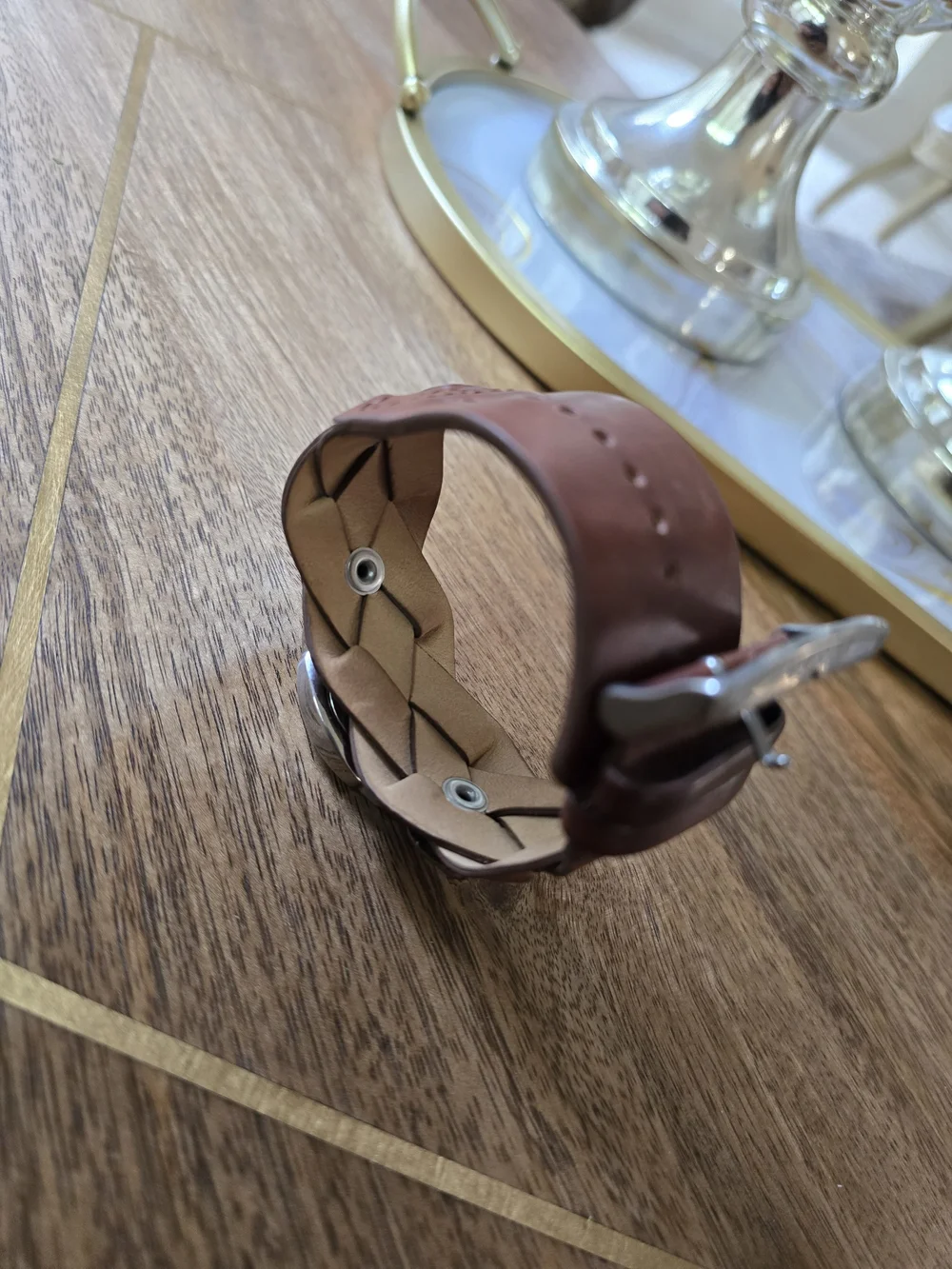 Fossil Brown Leather Cuff Watch with Silver Case and White Dial